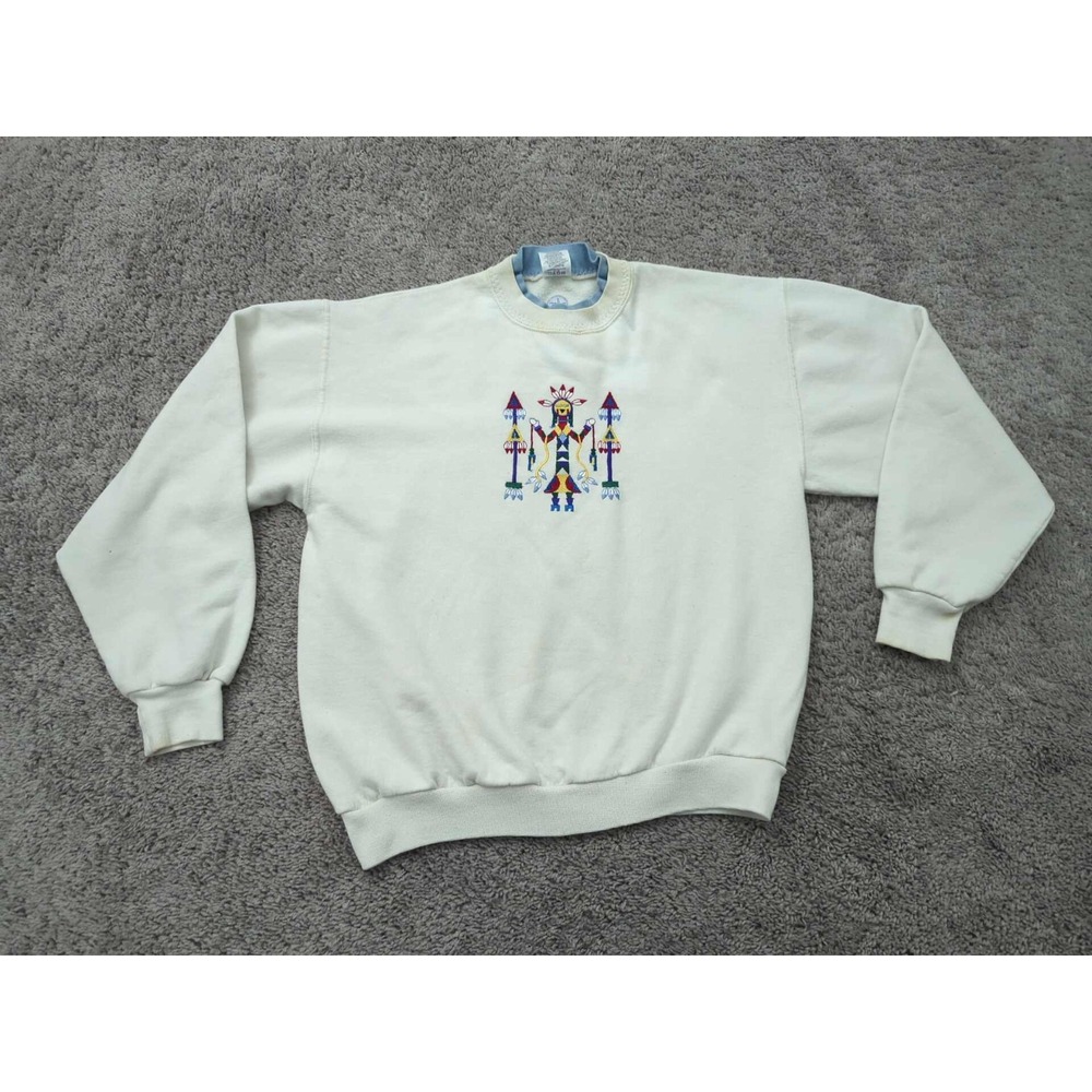 Vintage Navajo Yei Pullover Sweatshirt Mens Medium Long Sleeve‎ Jerzees White
